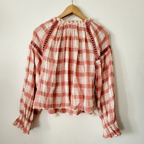 Free People Honey Grove Coral Gingham Plaid Boho Peasant Long Sleeve Blouse XS - Picture 3 of 8
